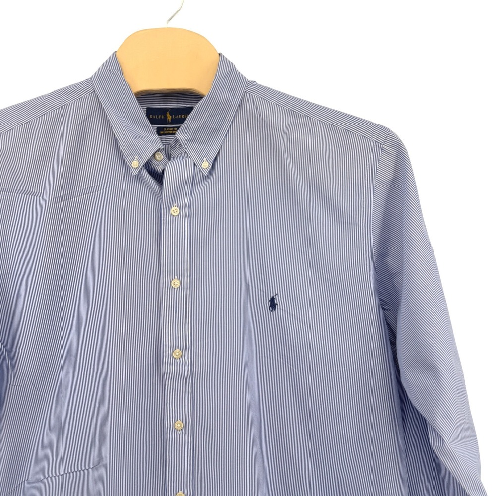 Ralph Lauren Button Down Mens 2XLT Pre-Owned Shirt Blue Striped Cotton Stretch